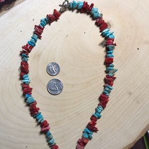 Vintage sterling, coral and turquoise necklace.